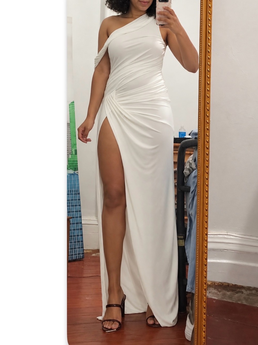 Windsor One-Shoulder White Ruched Gown with High Slit